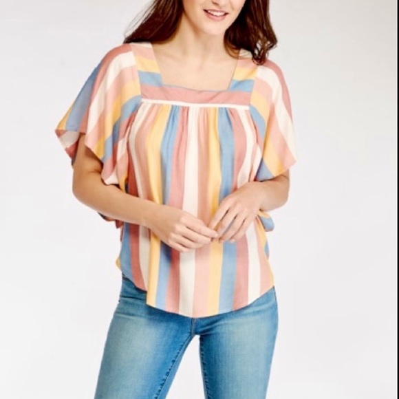 Beachlunchlounge Happy Stripe Zoey Flutter Sleeve Box Neck Top - Picture 9 of 12